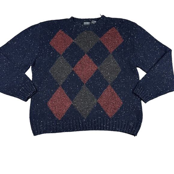 Vintage Knightsbridge Size XL Mens Blue Argyle Wool Blend Crewneck Sweater - Picture 1 of 7